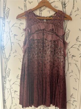 Dusty Mauve Floral Crochet Ruffle Boho Midi Dress L